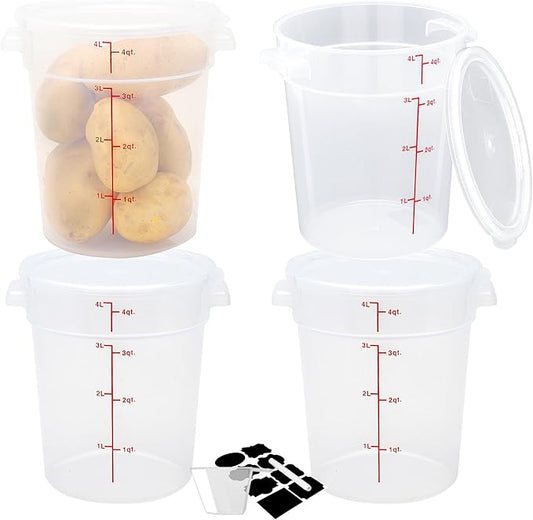 BIEAMA 4 Pack Round Food Storage Containers with Lids, 4Qt Translucent Commercial Food Container, Polypropylene, BPA Free, Includes Labels & Measuring Cups