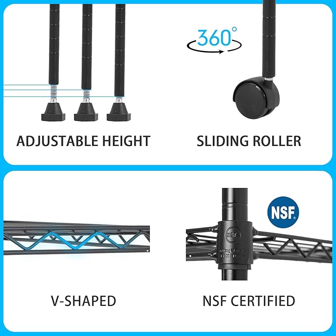 30" L×14" W×60" H Wire Shelving Unit Metal Shelf with 5 Tier Casters Adjustable Layer Rack Strong Steel for Restaurant Garage Pantry Kitchen Garage，Black
