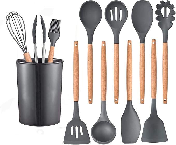 Silicone Cooking Utensils Set kitchen Utensils Set Wooden Handle Spoons Turner Brush Tong Soup Ladle Pasta Heat Resistant Non Stick Kitchen Utensils Heat Resistant Gadget Set With Holder BPA Free