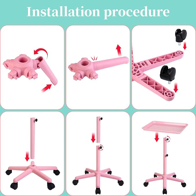 Salon Tray with Wheels,Height Adjustable Hair Color Service Tray for Spa,Tattoo,or Home Use,Pink