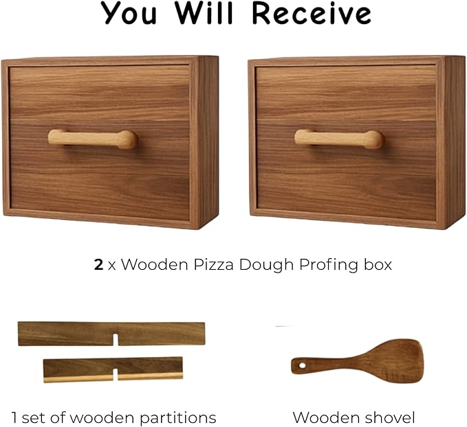 Jorivel 2 Pack Wooden Pizza Dough Proofing Box 16" x 12" w/Lids - Made From Natural Acacia Wood - Ideal Bread Proofing Box, Pizza Storage Container - Comes with 2 Adjustable Partitions & 1 Wood Shovel