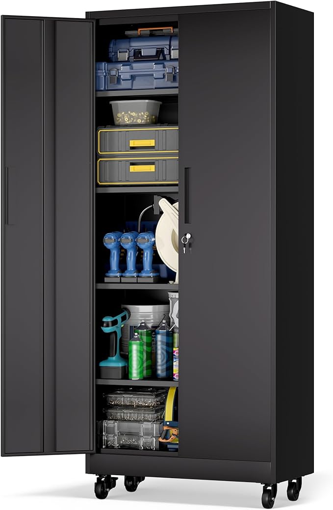 BIZOEIRON Garage Metal Storage Cabinet with Lock, 71'' Tall Storage Cabinet with Adjustable Shelves and Doors, Rolling Tool Cabinet on Wheels for Garage, Utility Room