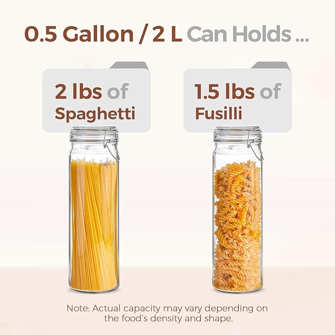 ComSaf Airtight Glass Jars Set of 3, 0.5 Gallon Food Storage Jar with Lids, Tall Spaghetti Container with Clear Preserving Seal Wire Clip Fastening, Pasta Storage Containers for Kitchen Canning