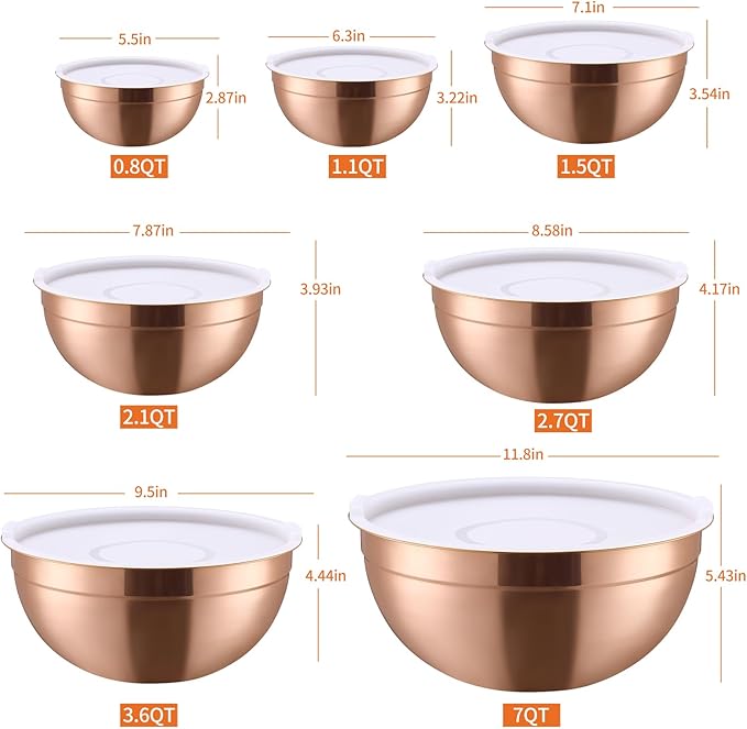 Onlycooker Rose Gold Mixing Bowls With Airtight Lids,Stainless Steel Bowl,Salad Bowls 7 Piece Colorful Nesting Bowl Rose Gold Kitchen Accessories,Size 7,3.6,2.7,2.1,1.5,1.1,0.8QT Stackable Design