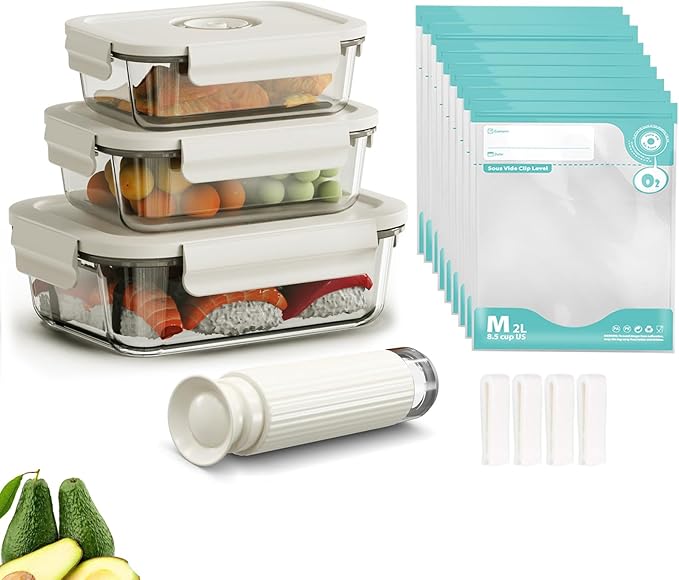 Glass Vacuum Seal Containers for Food Storage, Set of 3 Borosilicate Glass Sealer Containers & 10 Reusable Food Saver Sealer Bag, For Freezer, Storage, Sous Vide, Meal Prep | Rectangle