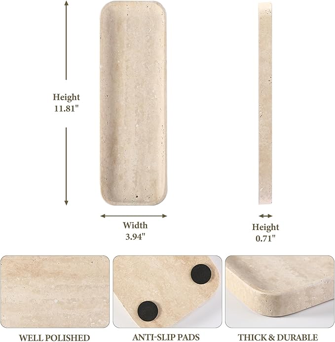 Koville Marble Tray, 12"x4" Marble Vanity Tray for Bathroom Kitchen Countertop Sink, Natural Stone Tray for Home Decor, Decorative Rectangular Narrow Catchall Tray for Jewelry Perfume