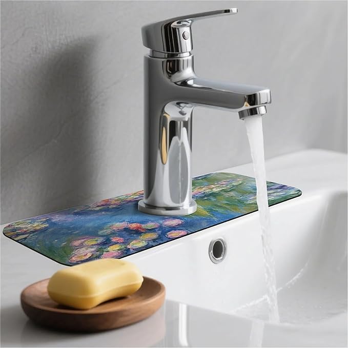Kitchen Sink Splash Guard，Lotus in the pond Faucet Mat Sink Gadgets-Super Absorbent Fast Drying Mat Drip Catcher for Kitchen, Bathroom,Sink Mat, Dish Drying Mat, Bathroom(15" X 5.5" )