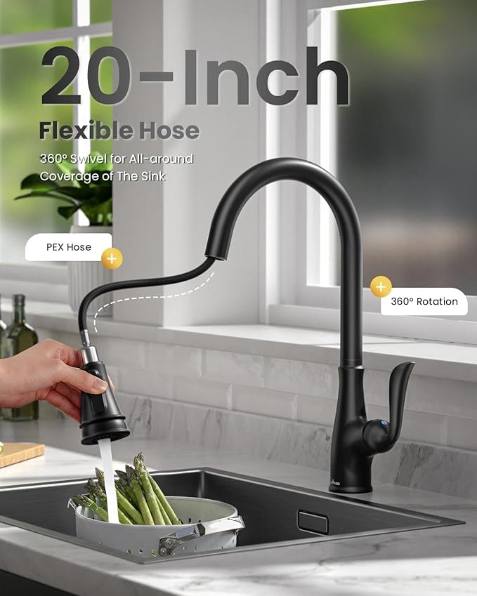 APPASO Matte Black Kitchen Faucet with Pull Down Sprayer, High Arc Single Handle Faucet for Kitchen Sink with 3 Modes Spray Head, cUPC-Certified Pull-Out Hose, Water Supply Tubing & Valve