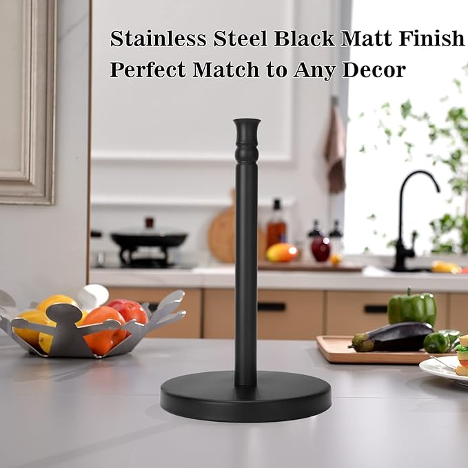 Black Paper Towel Holder Countertop, Stainless Steel Heavy Weighted Base (2LBS in Weight, and 6.7inch in Diameter), Ripping Paper Towel Off One-Handed, No Wobbly (Black Matte)