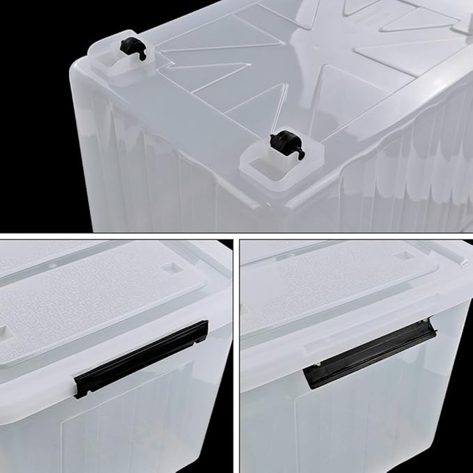 4-Pack 70 L Large Clear Storage Boxes, Plastic Latching Boxes with Wheeles