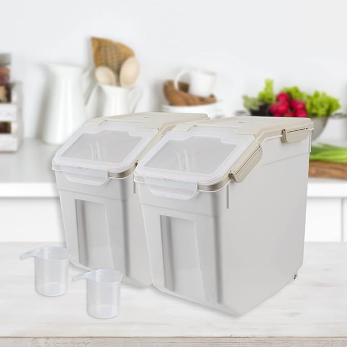 Large Flour Storage Container Bin 25lb, 4Pack Airtight Rice Storage Containers with Wheels Seal Locking Lid, BPA Free with Measuring Cup&Scoop for Flour, Rice, Grain(Gray)