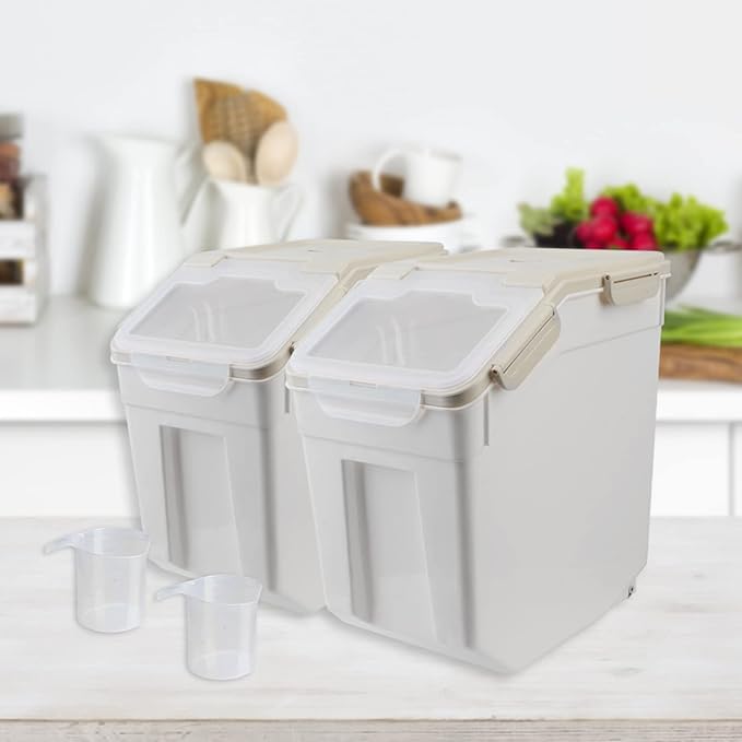 AnRui Airtight Flour Storage Container 25lb, Plastic Grain Storage Bucket, Rice Cereal Dispenser Organizer Box with Lid, Cat Dog Food Storage Bin with Measuring Cup, Scoop, Wheels, 2Pcs Grey