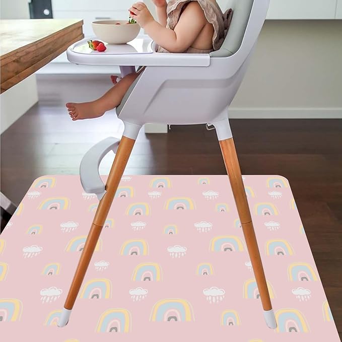 Splat Mat for Under High Chair/Arts/Crafts by CLCROBD, 51" Baby Anti-Slip Food Splash and Spill Mat for Eating Mess, Waterproof Floor Protector and Table Cloth (Rainbow Pink)