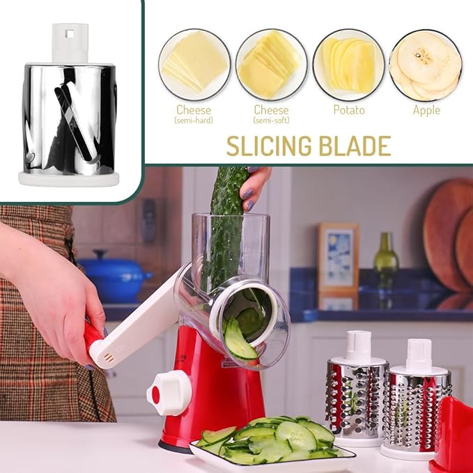 Maxceysen Rotary Cheese Grater with Handle Vegetable Shredder Round Kitchen Slicer Mandoline Grater for Vegetable, Nuts, Chocolate, Cheese, White, 3 Stainless Steel Blades