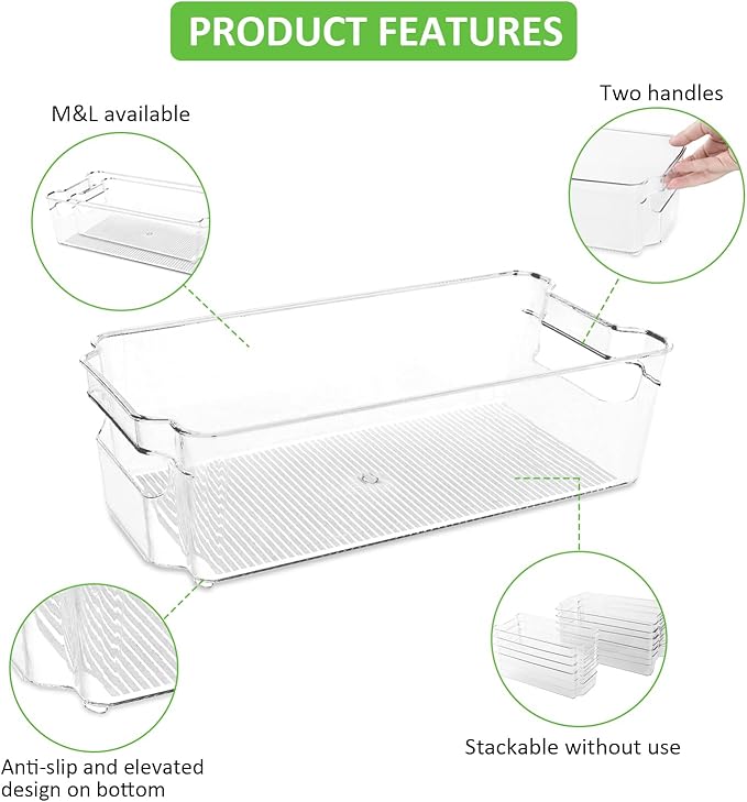 Fridge Organizer Bins Set of 8, Refrigerator Organizing Bins with Two Sizes, Home Kitchen Pantry Organizers and Storage Containers, Stackable Clear Plastic Storage Bin