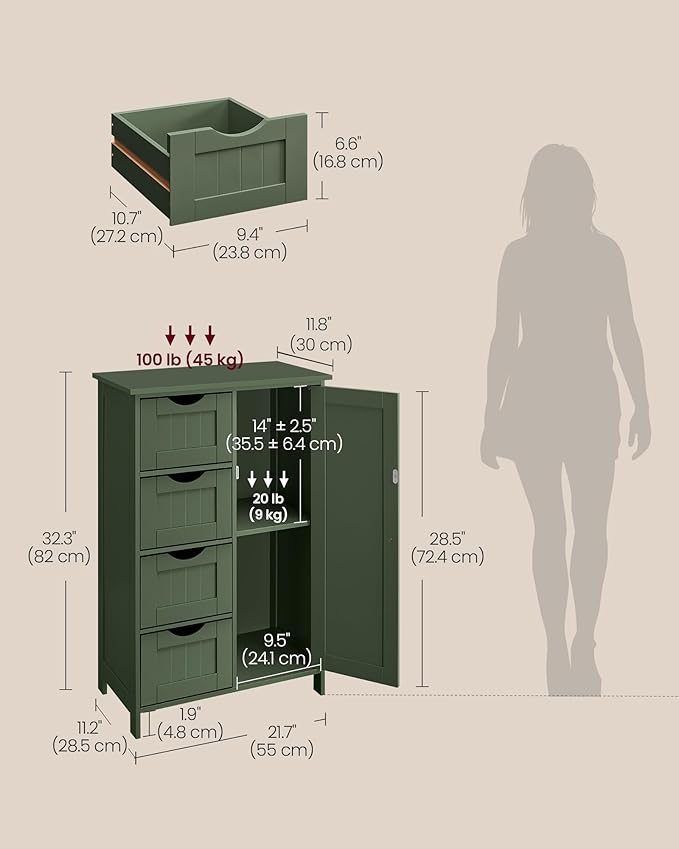 VASAGLE Storage Cabinet with Drawers, Freestanding Floor Cabinet with Door, 11.8 x 21.7 x 32.3 Inches, Adjustable Shelf, for Bathroom, Living Room, Kitchen, Sage Green ULHC041CH01S