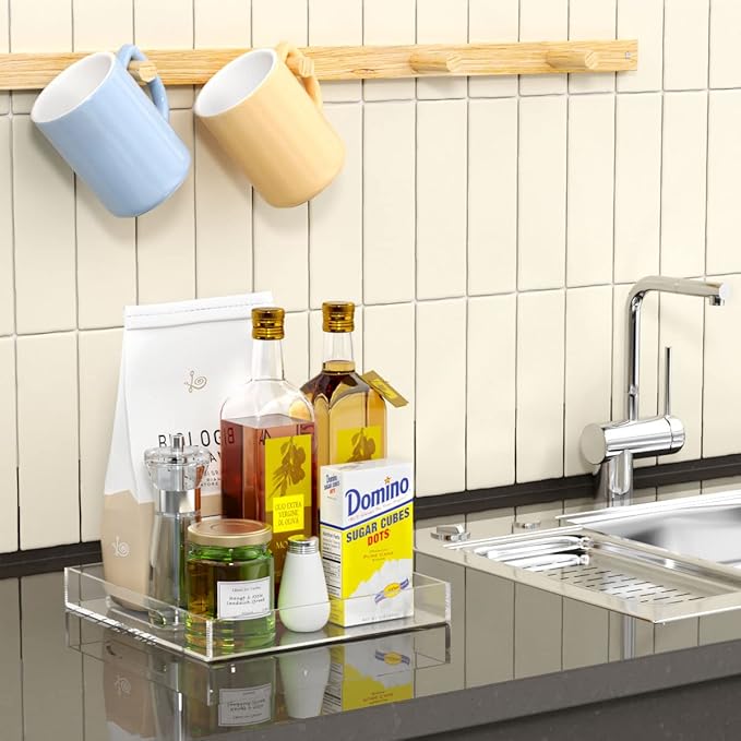NIUBEE Clear Serving Tray 12x12 Inches -Spill Proof- Acrylic Decorative Tray Organiser for Ottoman Coffee Table Countertop with Handles