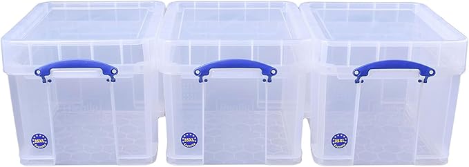 Really Useful Box 35 Liters Transparent Storage Container with Snap Lid and Clip Lock Handle for Lidded Home and Item Storage Bin, 6 Pack