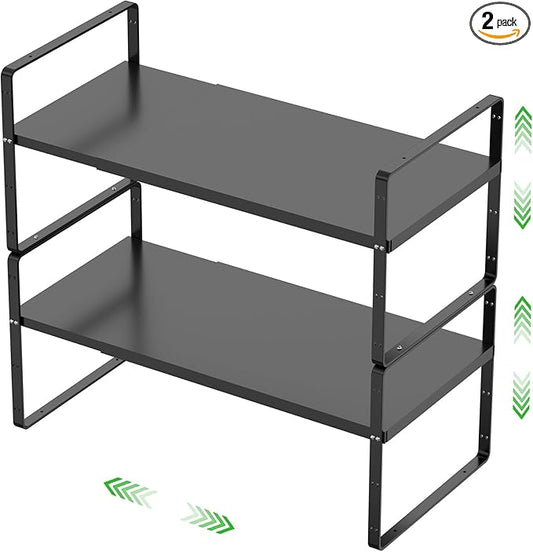 SOFRON Expandable Cabinet Storage Shelf Stackable Organizer Rack for Kitchen Bathroom Pantry Spice Cupboard Countertop Home Office Desk Heavy Duty Nonslip Black Large 2 PACK