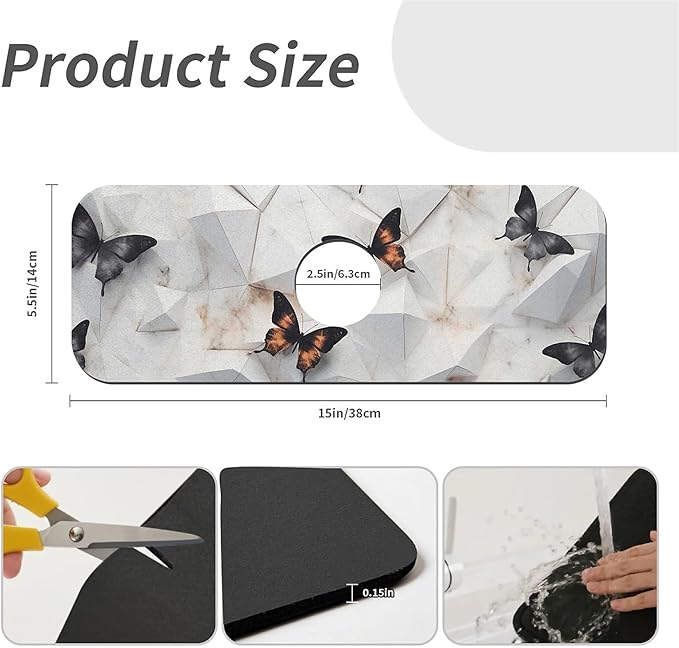 Kitchen Sink Splash Guard，marble butterfly golden Faucet Mat Sink Gadgets-Super Absorbent Fast Drying Mat Drip Catcher for Kitchen, Bathroom,Sink Mat, Dish Drying Mat, Bathroom(15" X 5.5" )