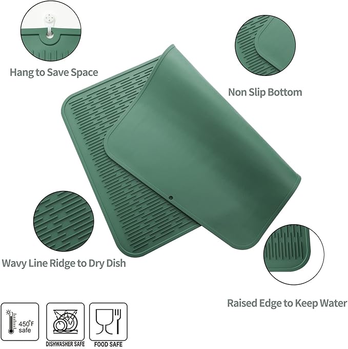 Silicone Dish Drying Mat for Multiple Usage,Easy clean,Eco-friendly,Heat-resistant Silicone Mat for Kitchen Counter or Sink,Refrigerator or Drawer Liner Green 4XL 32 inches x 18 inches