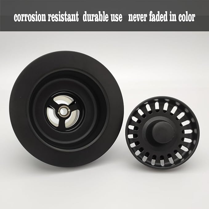 Black Kitchen Sink Drain Assembly, TGEOND 3-1/2 inch Polymer Kitchen Drain Strainer Kit with Removable Basket Strainers Stopper Matching for Granite/Fireclay Sinks