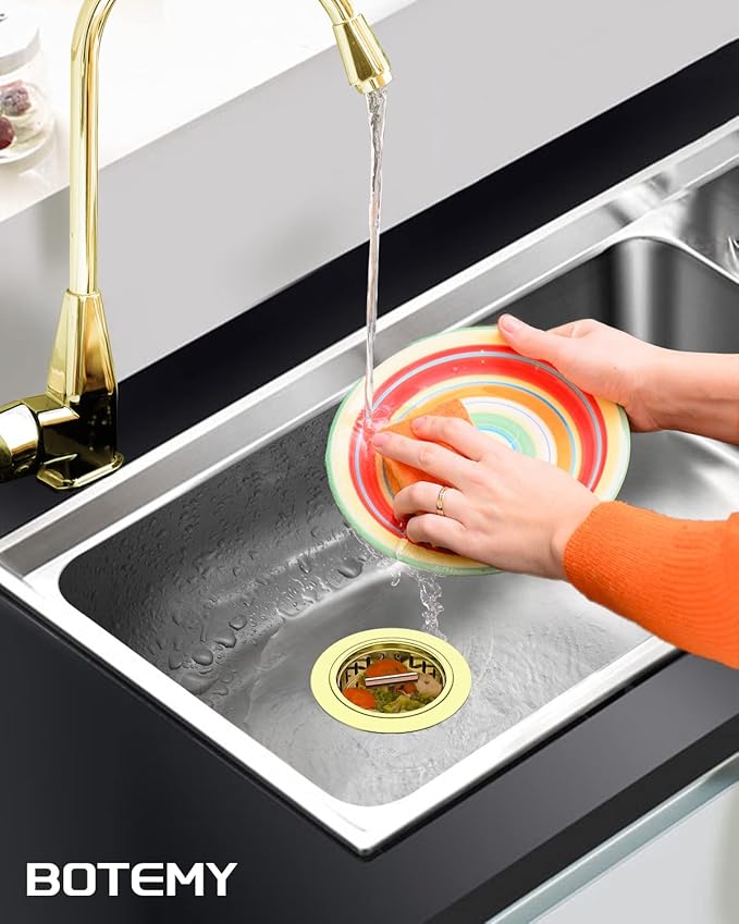 BOTEMY B9171 Gold Kitchen Sink Drain Kit 3 1/2 Sink Strainer for Kitchen Sink with Stainless Steel Strainer Stopper Drain Assembly Basket Strainer Fit Standard Sink Drain Hole