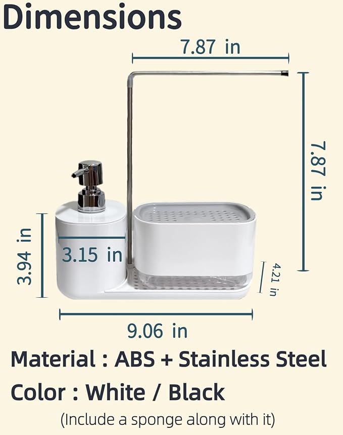 Dish Soap Dispenser & Sponge Holder 3-in-1 with Dual Pump & Drain Tray & Drying Pole - Multifunctional Kitchen Sink/Bathroom Organizer for Sponges and Hand Soap (White)