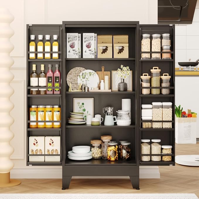 PAOFIN 47" Kitchen Pantry Cabinet, Metal Storage Cabinet with 3 Adjustable Layer Shelves, 8 Door Shelves, Buffet Sideboard for Living Room, Kitchen, Black