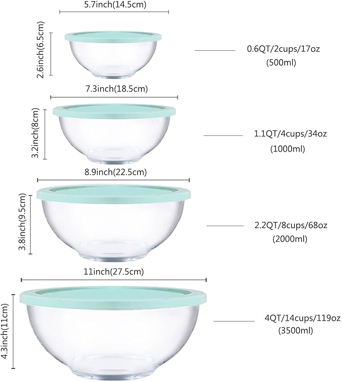 Homwin Glass Mixing Bowls with Lids Set, 8 Pieces Glass Salad Bowl Set with Lids(0.6QT,1.1QT,2.2QT,4QT) High Brosilicate Microwave Bowls for Kitchen Baking, Prepping Serving and Storage, Great Gift