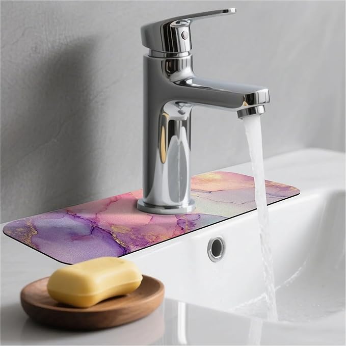 Kitchen Sink Splash Guard，Pink purple marble Faucet Mat Sink Gadgets-Super Absorbent Fast Drying Mat Drip Catcher for Kitchen, Bathroom,Sink Mat, Dish Drying Mat, Bathroom(15" X 5.5" )