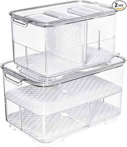Fridge Food Storage Bin Containers Produce Saver, Stackable Freezer Bins Fresh Keeper Food Storage Containers for Fridge Freezer Cabinet Kitchen Organization, Set of 2