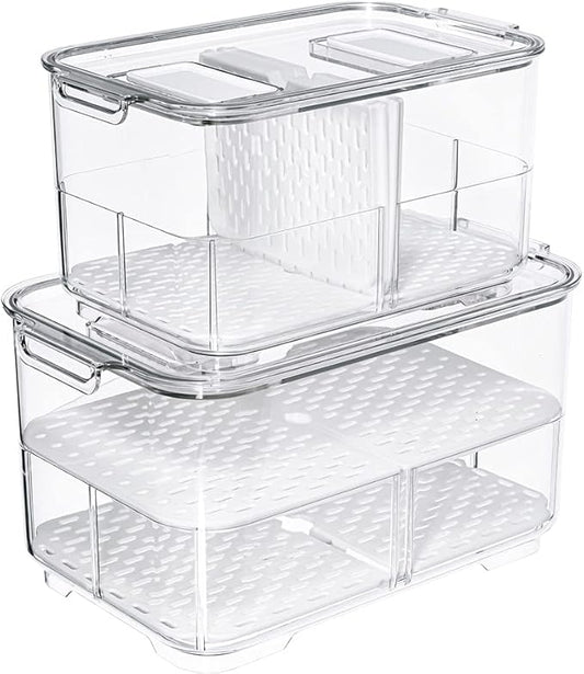 SANNO Vegetable Fruit Storage Containers, Food Storage Containers Fridge Produce Save, Stackable Refrigerator Organizer Keeper Drawers Bins Baskets with Lids and Removable Drain Tray
