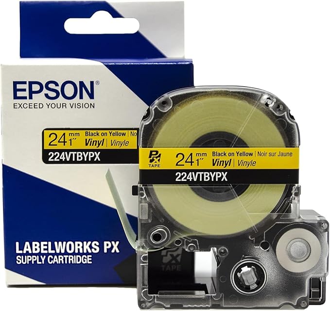 Epson LABELWORKS 224VTBYPX-5PK Genuine Tape Cartridge - Black on Yellow Flexible and Durable Vinyl Industrial Label Maker Tape - 1" (24MM) Wide, 22.9 ft - 5 Pack