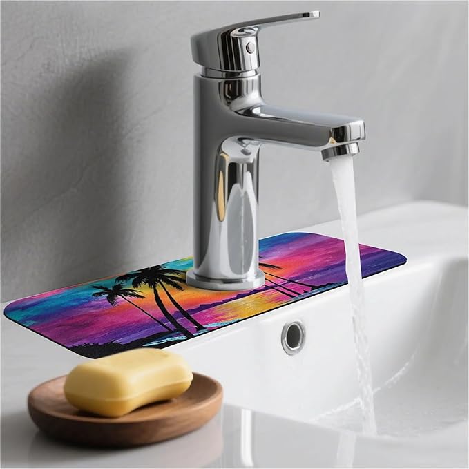 Kitchen Sink Splash Guard，Magnificent sunset Faucet Mat Sink Gadgets-Super Absorbent Fast Drying Mat Drip Catcher for Kitchen, Bathroom,Sink Mat, Dish Drying Mat, Bathroom(15" X 5.5" )