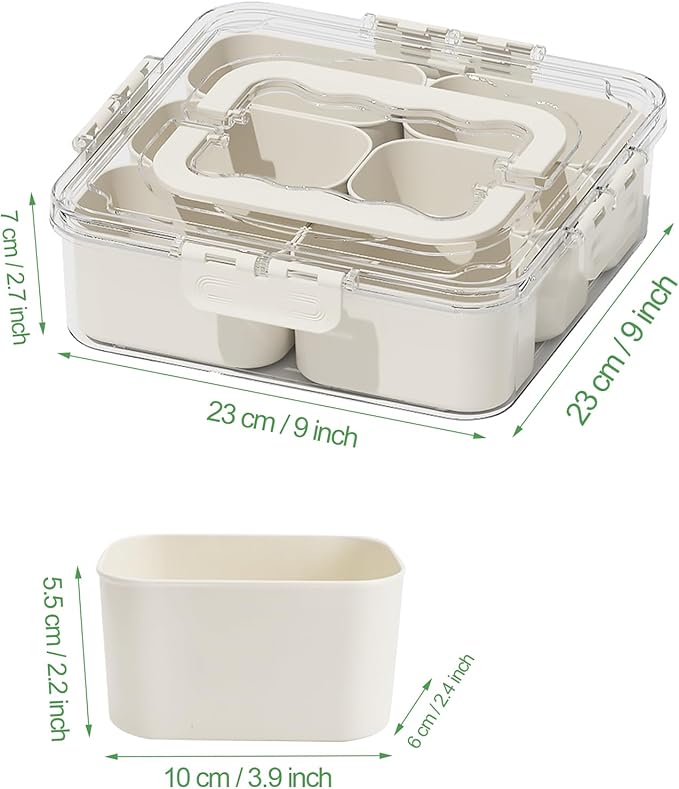 SMALL Divided Serving Tray with Lid and Handle, Portable Snack Box Container, 6 Compartments Veggie Fruit Snackle Tray,Charcuterie Box Container for Party, Travel, Entertaining,Picnic, SMALL SIZE