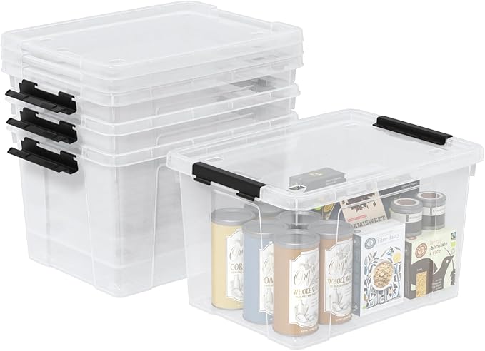 34 Quart Plastic Latching Storage Box with Wheels, 4-Pack Clear Storage Bins with Lids