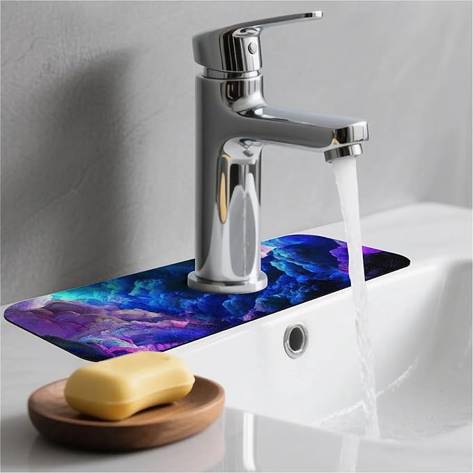 Kitchen Sink Splash Guard，Dark blue purple clouds Faucet Mat Sink Gadgets-Super Absorbent Fast Drying Mat Drip Catcher for Kitchen, Bathroom,Sink Mat, Dish Drying Mat, Bathroom(15" X 5.5" )