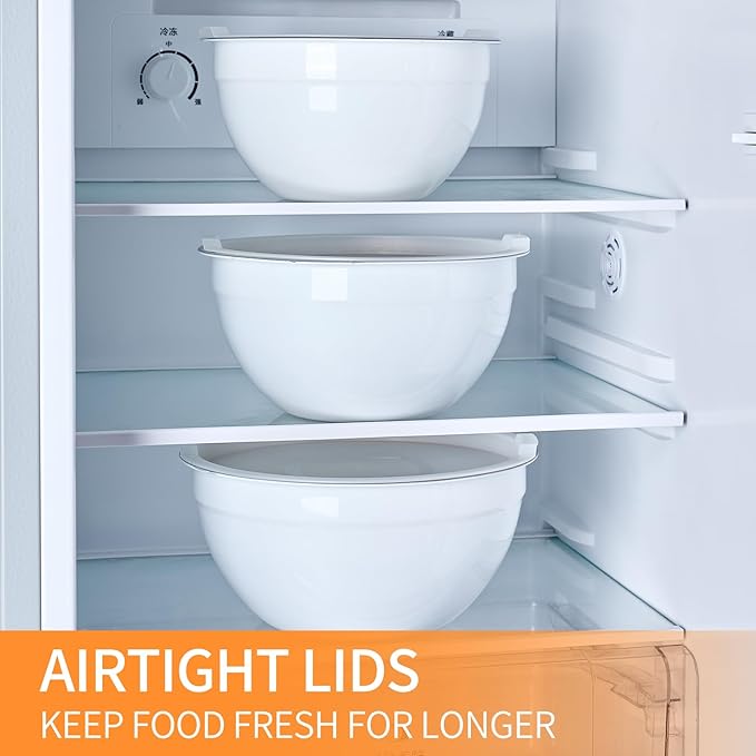 Moxinox White Mixing Bowls with Airtight Lids, Stainless Steel Nesting Mixing Bowls Set of 7, Ideal for Baking, Prepping and Serving Food, Size 7, 3.6, 2.7, 2.1, 1.5, 1.1,0.8 QT, Stackable Design