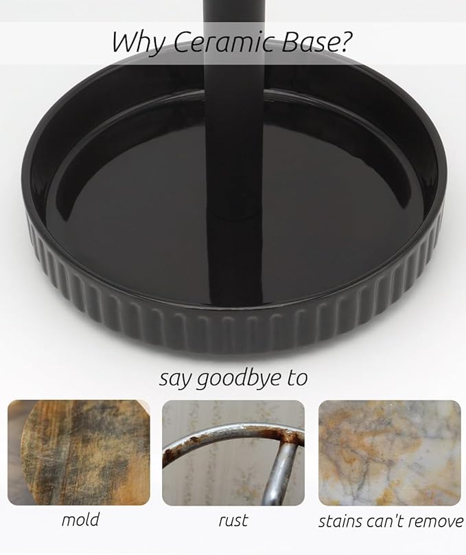 VROOMIUM Paper Towel Holder Countertop, Ceramic Base Easy-to-Clean, 1.5 lbs, 7" B x 12.5" H, Stable Elegant and Durable Kitchen Roll Stand, Classic Black