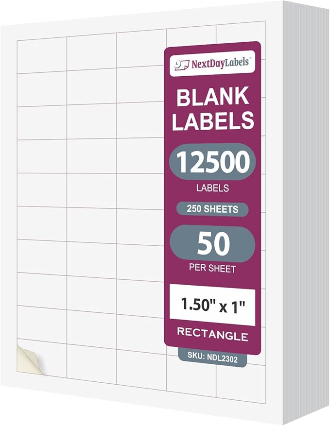 NextDayLabels 1.5x1 Inch Rectangle Stickers White Blank Labels for Laser Inkjet Printer - 50 Per Sheet Self-Adhesive Name Tags Address Barcode, Made in USA - 12,500 Labels