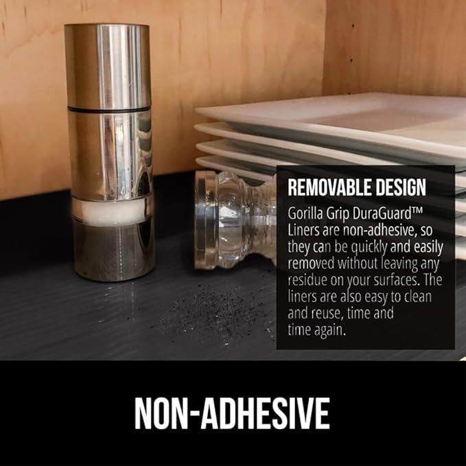 GORILLA GRIP DuraGuard Shelf Liner, Non-Adhesive Cabinet Liners for Kitchen Drawers, Shelves, Refrigerator, Pantry Storage, Bathroom Closet, Durable Waterproof BPA Free Ribbed Plastic, 12x20 Jet Black