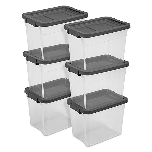 Sterilite 6-Pack Modular Stacker Box, Durable Clear Plastic Storage Bins with Latching Lids, 30 Quart - Stackable Organizing Container Boxes for Closet, Bathroom, and Office