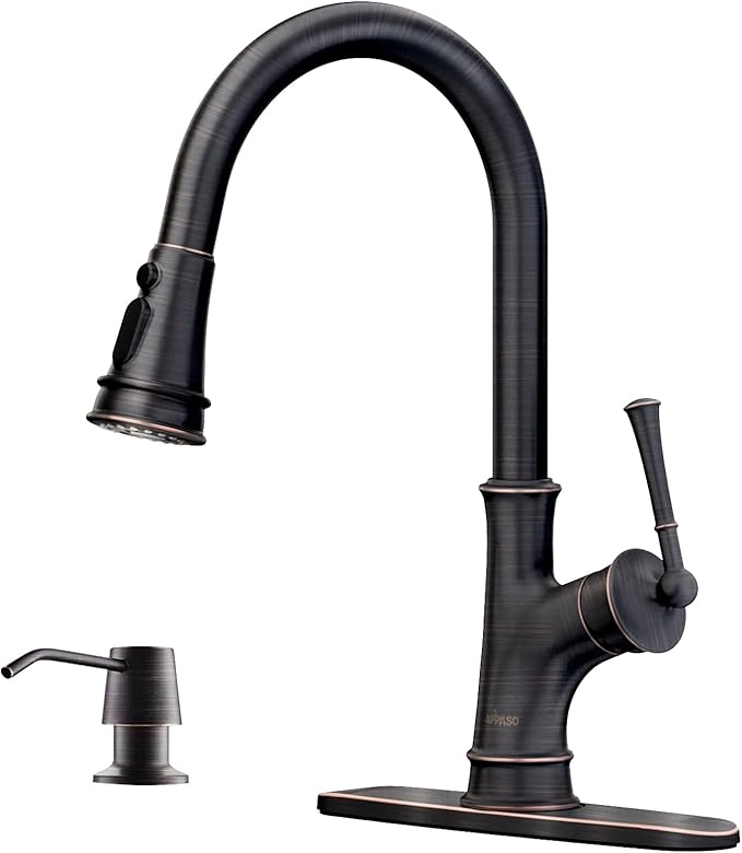 APPASO Bronze Kitchen Faucet with Soap Dispenser, Oil Rubbed Bronze Sink Faucet for Kitchen, Single Handle High Arc Kitchen Sink Faucet