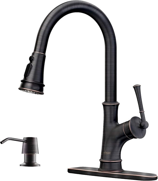 APPASO Bronze Kitchen Faucet with Soap Dispenser, Oil Rubbed Bronze Sink Faucet for Kitchen, Single Handle High Arc Kitchen Sink Faucet