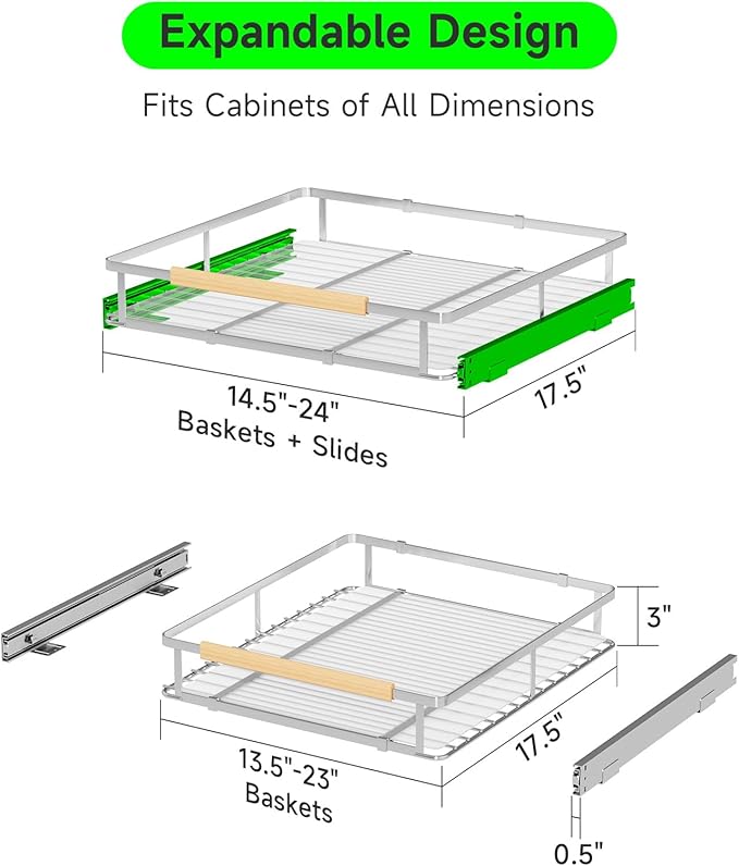 SOFRON Expandable Pull Out Drawers for Cabinets, Kitchen Cabinet Slide Out Shelves, Adjustable Roll Out Drawers, Stainless Steel, Medium 1 Pack, (14.5"-24") Width x 17.5" Depth