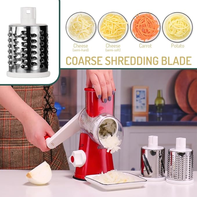 Maxceysen Rotary Cheese Grater with Handle Vegetable Shredder Round Kitchen Slicer Mandoline Grater for Vegetable, Nuts, Chocolate, Cheese, White, 3 Stainless Steel Blades