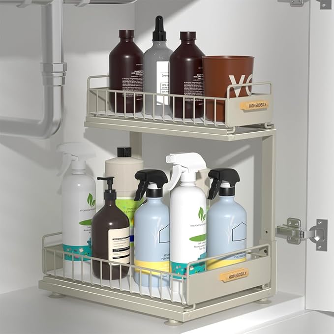 HOMEBOSILY Under Sink Organizer, Pull Out Kitchen Cabinet Organizer 2 Tier Slide Out Under Sink Organizers and Storage, Sink Shelf Cabinet Storage Shelves for Kitchen Bathroom Pantry, Grey
