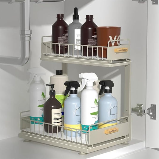 HOMEBOSILY Under Sink Organizer, Pull Out Kitchen Cabinet Organizer 2 Tier Slide Out Under Sink Organizers and Storage, Sink Shelf Cabinet Storage Shelves for Kitchen Bathroom Pantry, Grey