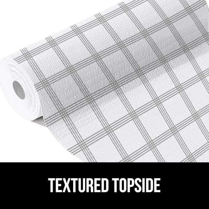 GORILLA GRIP DripGuard Shelf Liner, Non Adhesive Drawer and Kitchen Cabinet Protector, 24x240 Inch, Slip Resistant BPA Free Smooth Surface Plastic Liners for Cabinets, Bathrooms, Closets, Gray White